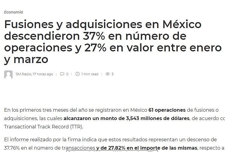 Fusiones y adquisiciones en Mxico descendieron 37% en nmero de operaciones y 27% en valor entre enero y marzo